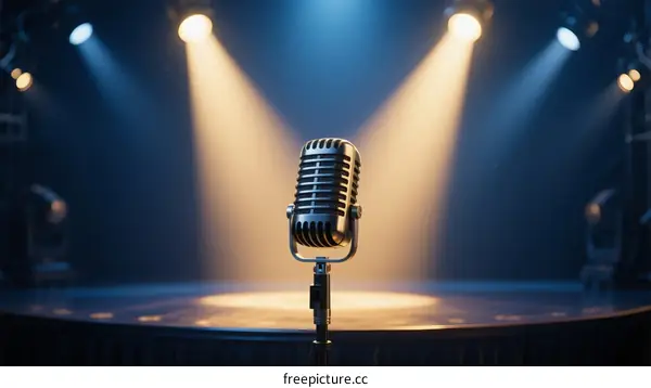 Vintage Microphone on Illuminated Stage with Spotlights