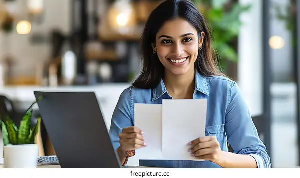 Business Woman Reading Documents in Cafe
