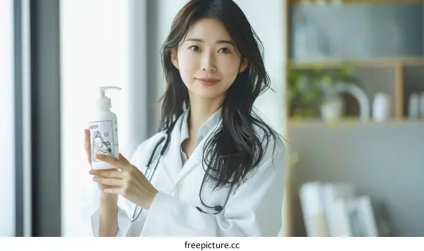 Asian female doctor holding a bottle of hand sanitizer