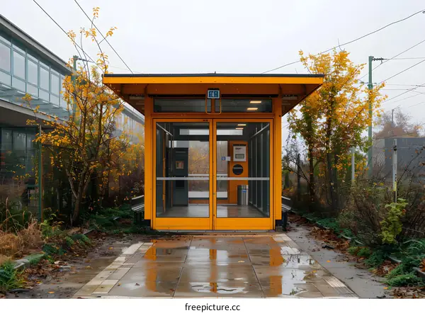 Yellow Shelter with Glass Doors in the Rain