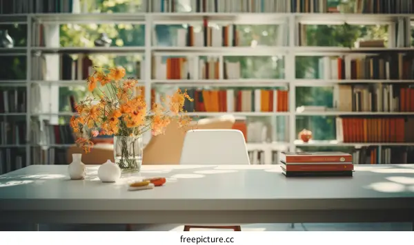 Elegant Library Interior with Bookshelf, Flowers, and Desk