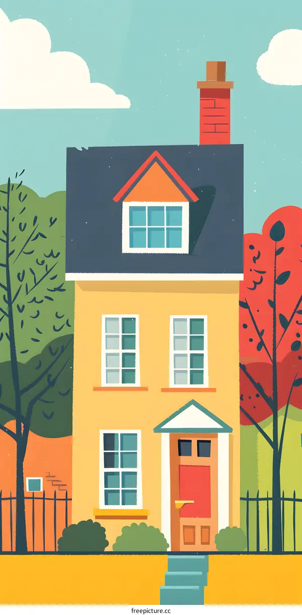 Yellow House with Red Door and Blue Roof