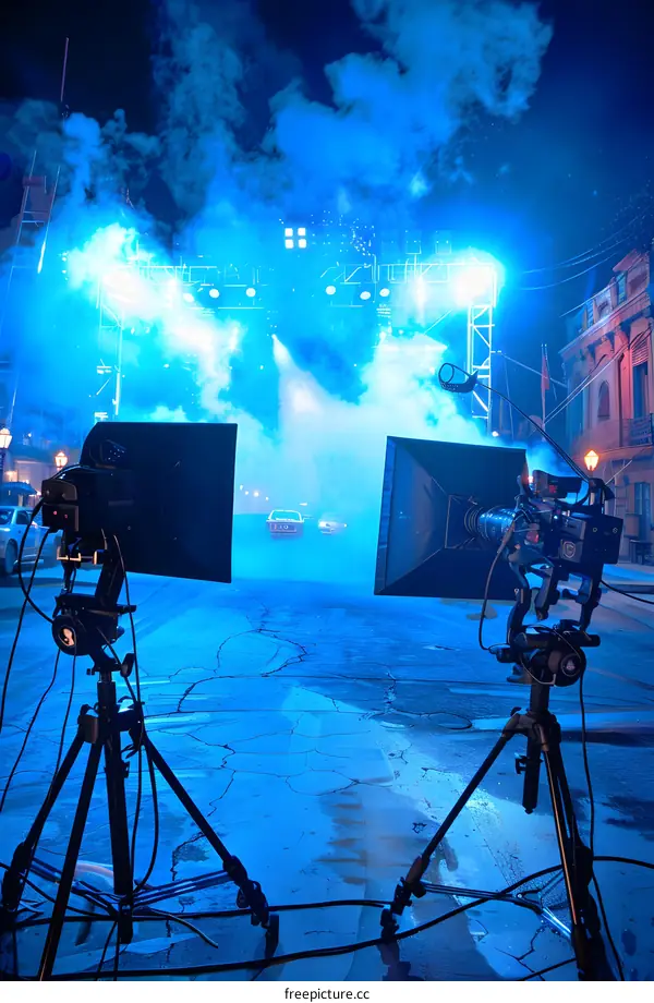 Two Cameras Set Up on Tripods in a Blue Lit Street