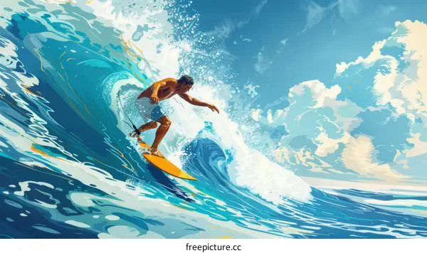 Surfing Illustration: Man Riding a Wave