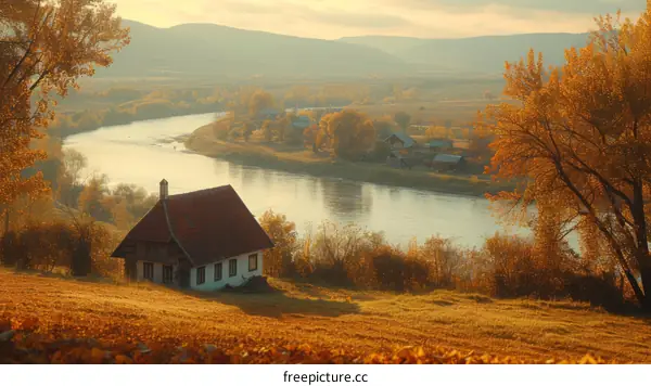 Small house by the river in autumn