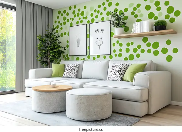 Modern Living Room Interior Design with Green Dotted Wallpaper