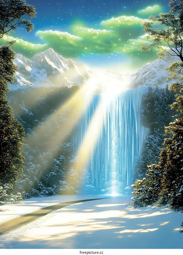 Snowy Mountain Landscape with Waterfall and Rays of Light