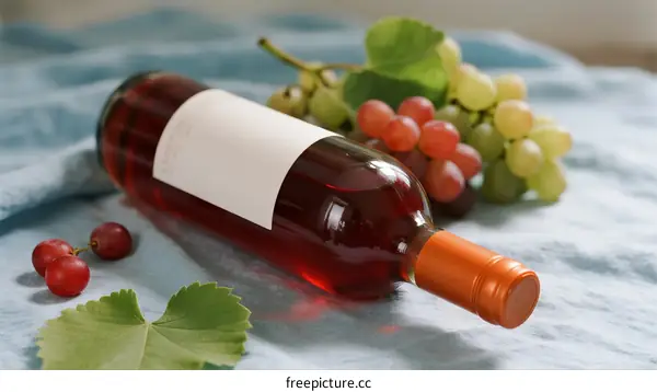 A Bottle of Pink Wine with Fresh Grapes on Blue Cloth
