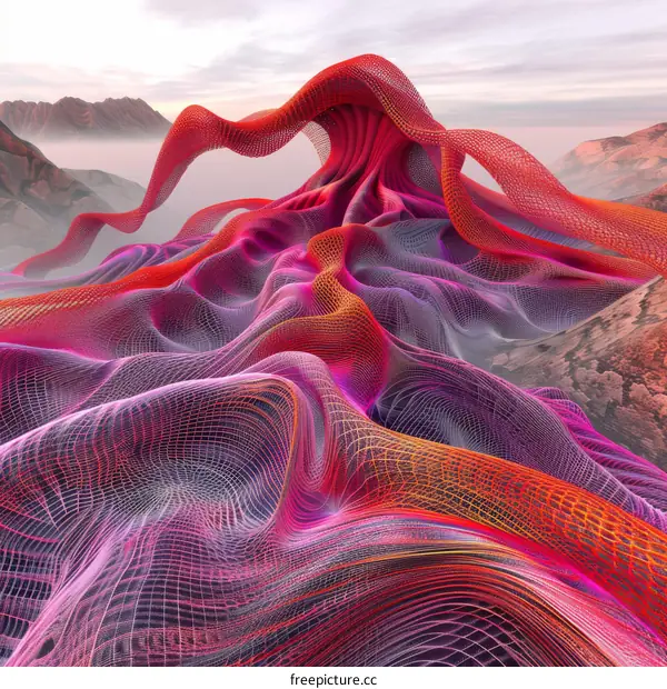 Colorful 3D rendering of a mountainous landscape