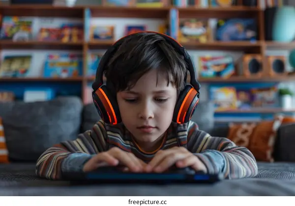 Young boy wearing headphones using laptop