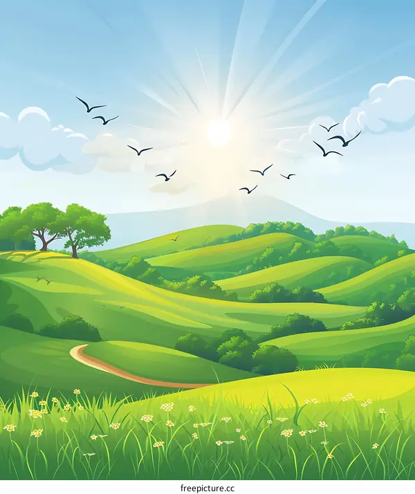 Green Hills Landscape With Birds Flying In The Sky
