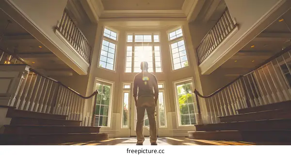 Man standing in a large bright house looking out at the view