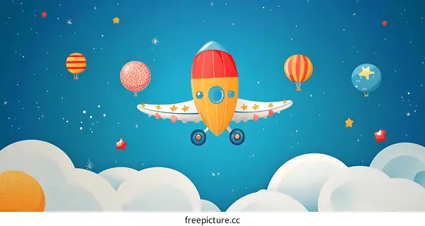 Cartoon Airplane Flying in the Sky with Hot Air Balloons and Stars