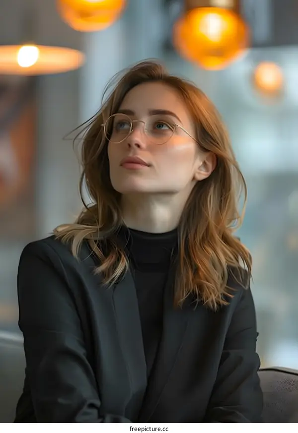 portrait of a beautiful young woman in glasses looking away