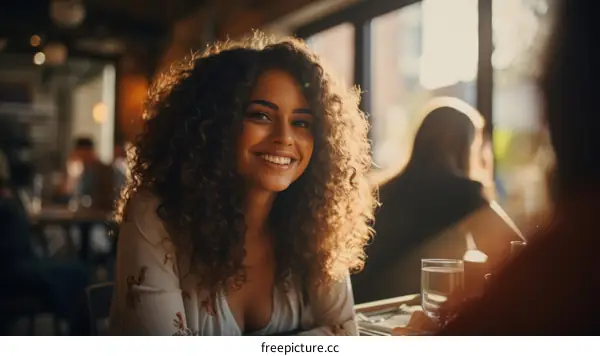 Portrait of a smiling young woman with curly hair sitting in a restaurant