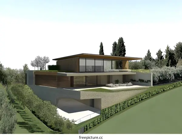 Modern Villa Design with Green Roof and Stone Wall