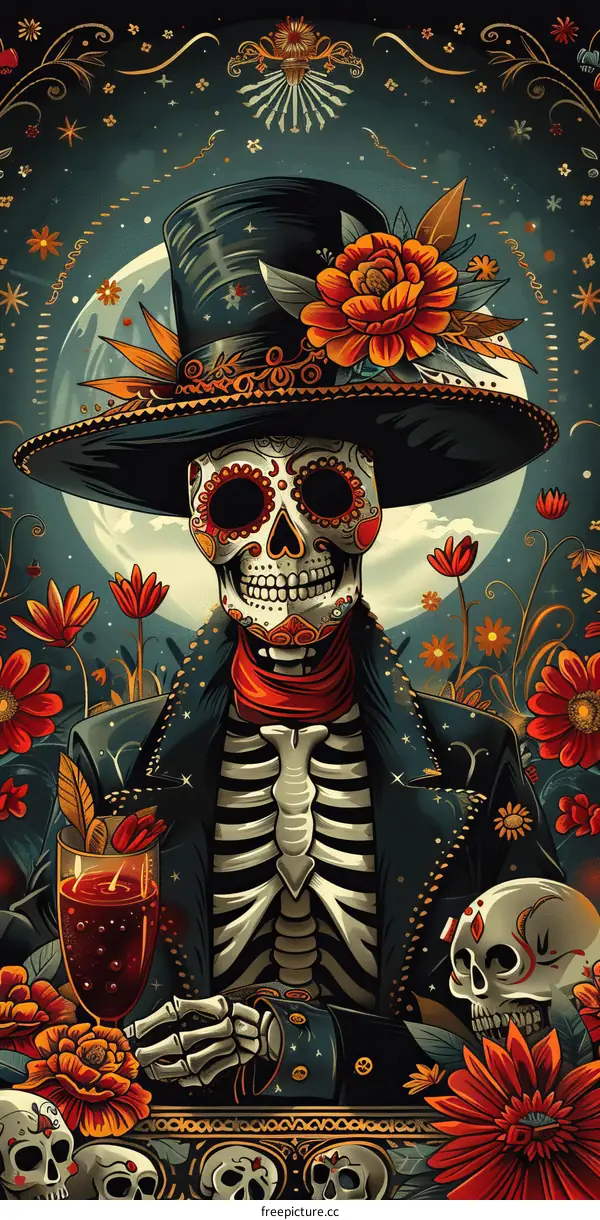 Calavera Skeleton with Top Hat and Wine