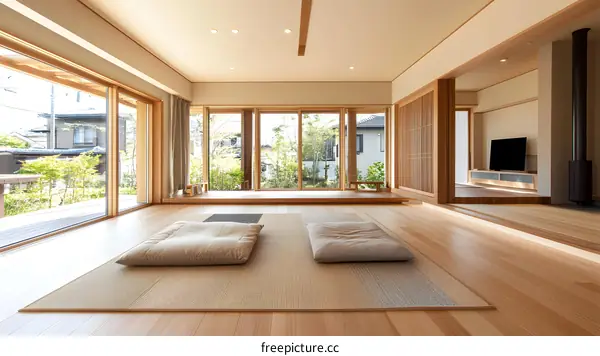 Modern Japanese Living Room With Wooden Floor And Large Windows