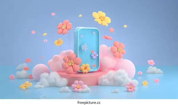 Blue Phone on Clouds and Flowers