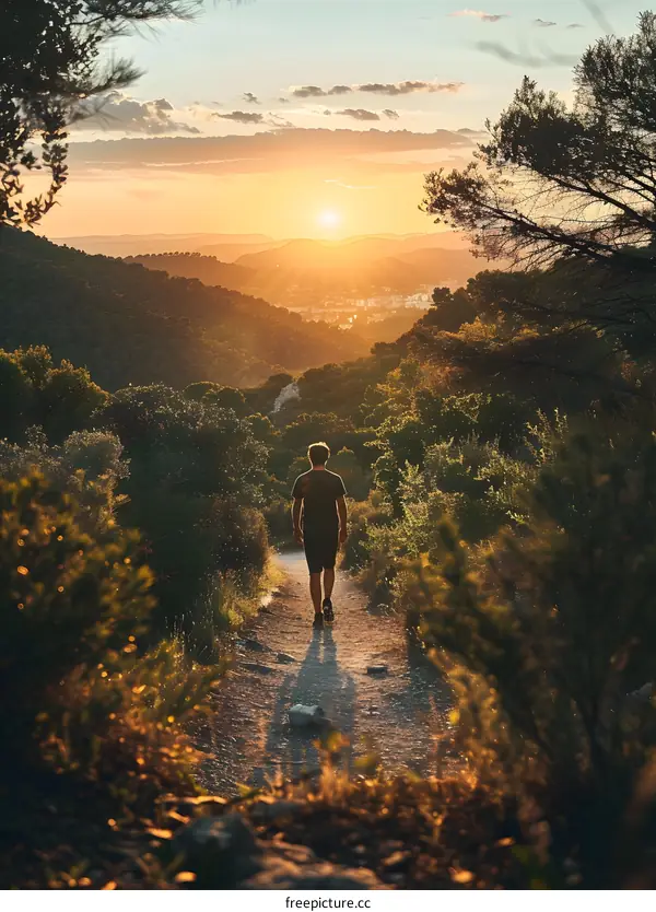 Man Walking on Path Through Forest During Sunset