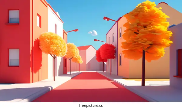 3D Illustration of a Street with Colorful Buildings and Trees
