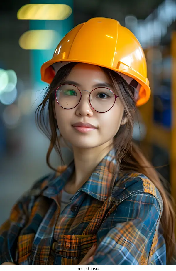 portrait of a young asian woman wearing a hard hat and safety glasses