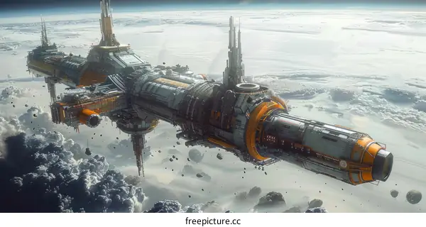 A futuristic spaceship is flying above the clouds of a distant planet