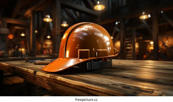 Orange hard hat on a wooden table