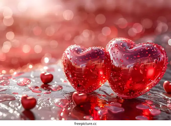 Two red hearts with water drops on a shiny surface against a blurred red background.