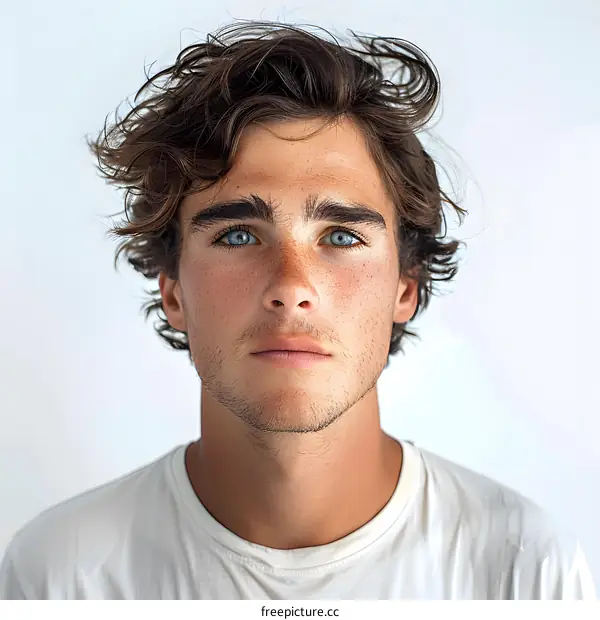 Portrait of a Young Man with Blue Eyes and Freckles