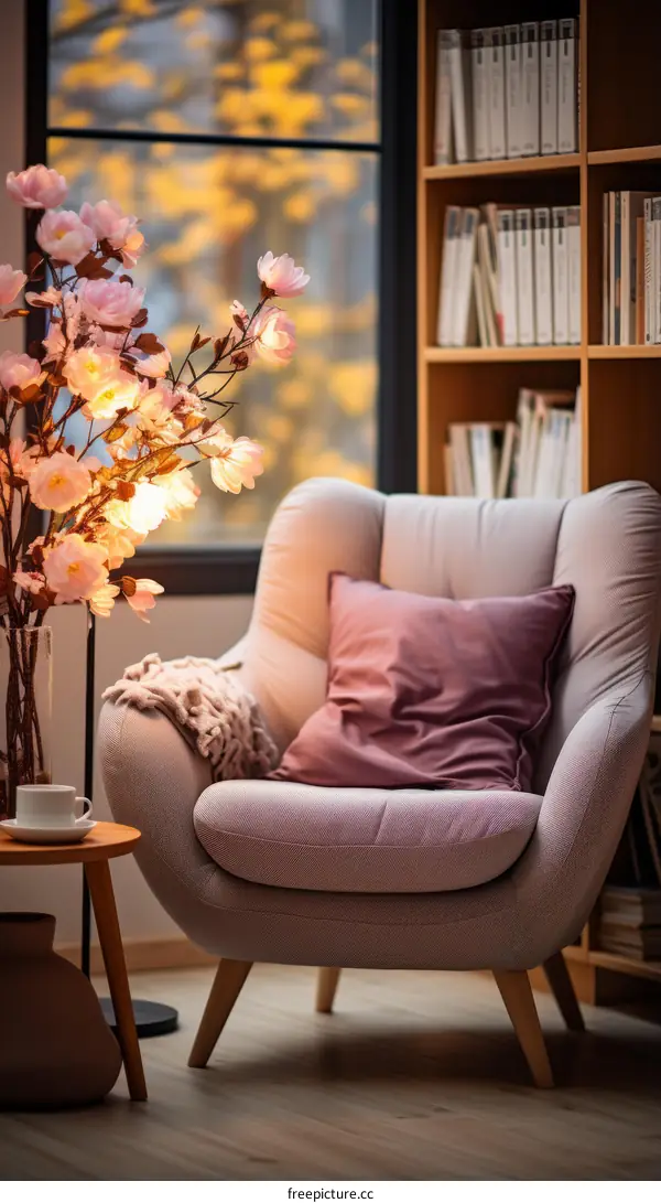 A cozy living space with a comfortable armchair, a side table, and a beautiful flower arrangement near the window.