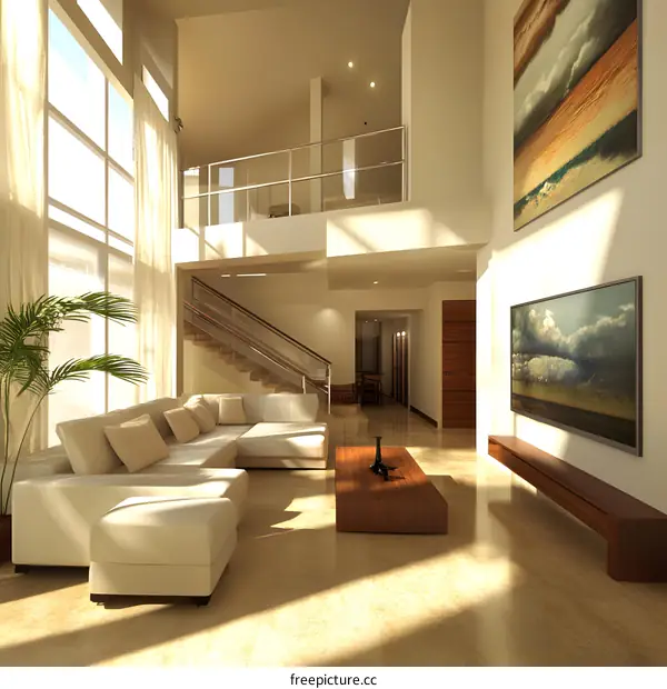 Modern Living Room Interior Design with White Sofa and Large Windows