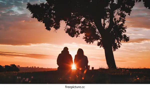 Couple Silhouettes Watching Sunset Under Tree