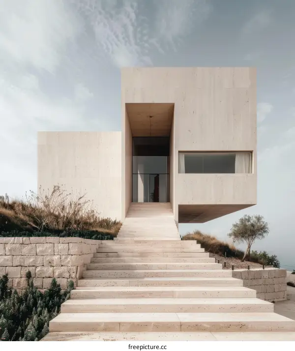 Modern Minimalist Villa Design With Stairs Leading to the Entrance