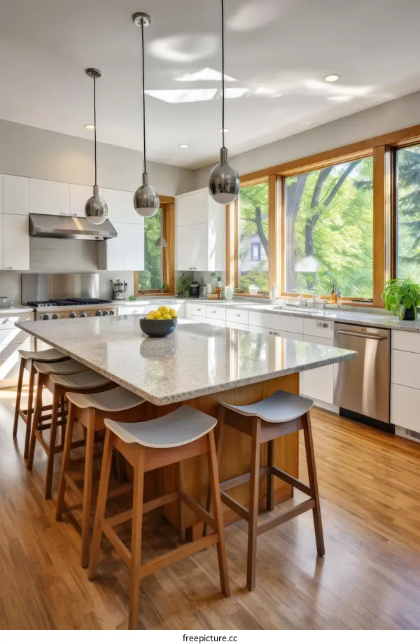 Modern kitchen with large island and stainless steel appliances