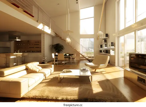 Modern Living Room Interior Design with White Walls,  Large Windows, and Wooden Floors