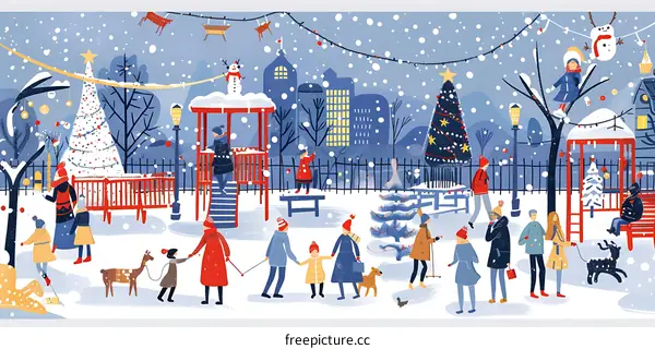 Winter Wonderland Illustration with People Walking in Snowy Park
