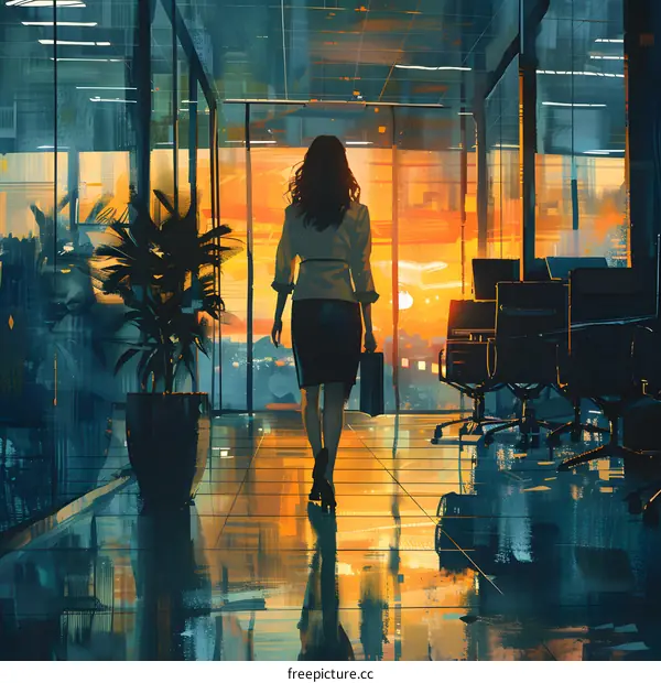 Businesswoman walking away from the office at sunset