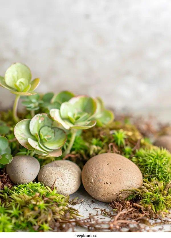 Green Succulent Plants and Stones on Mossy Ground