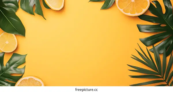 Tropical Leaves and Citrus Fruit on Yellow Background
