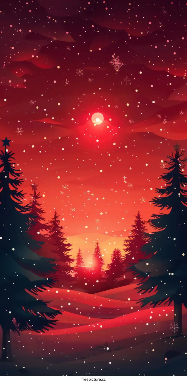 Red Snowy Forest Landscape