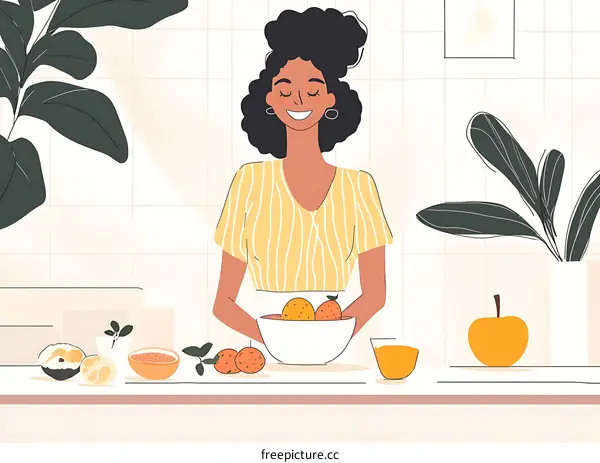 Smiling Woman Holding a Bowl of Oranges in a Kitchen