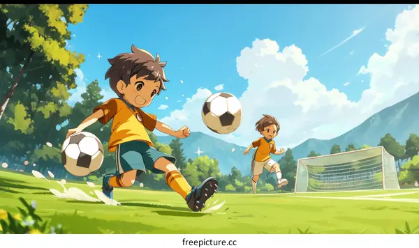 Two boys playing soccer in a field