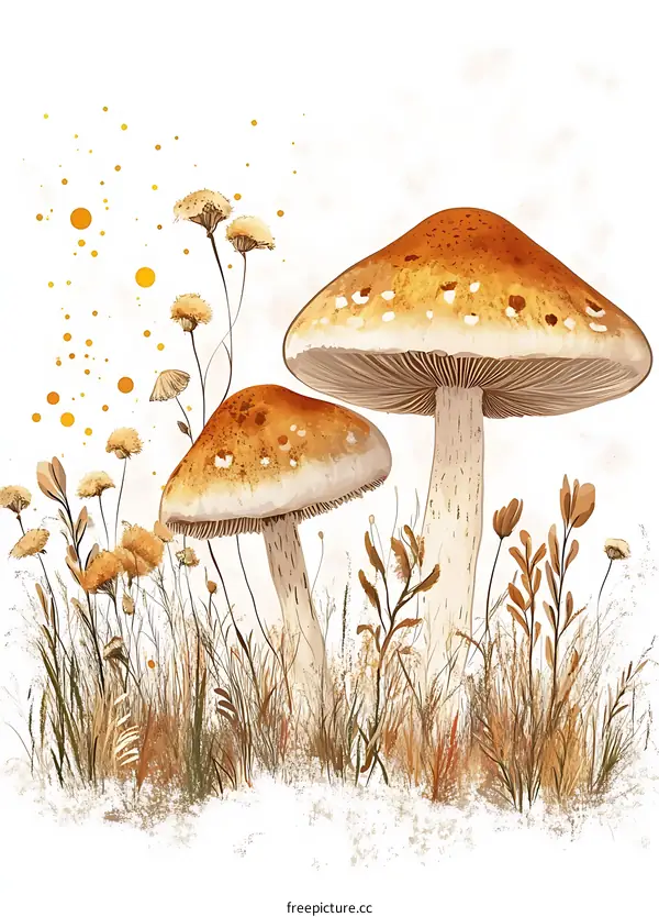 Autumn Watercolor Illustration with Mushrooms and Grass