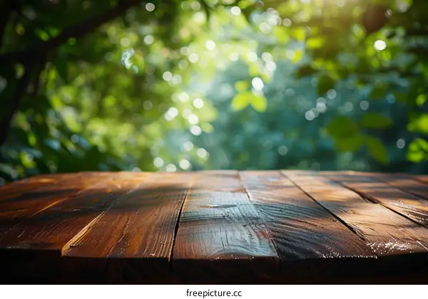 An empty wooden table with a blurred background of green leaves.