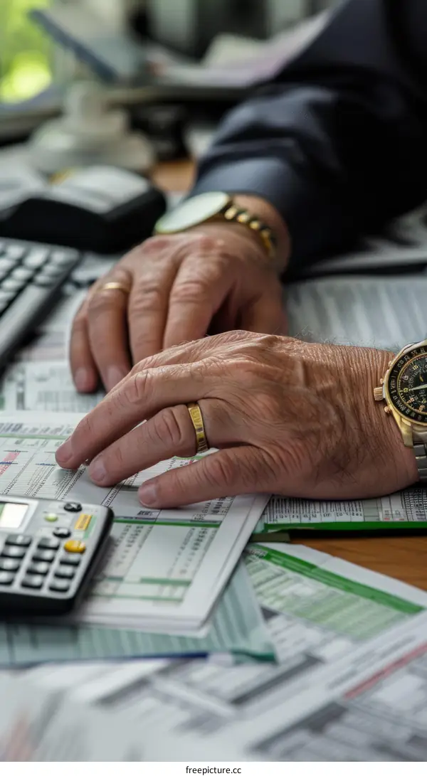 A businessman wearing a gold ring on his left hand is working on a project.
