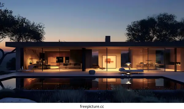 Modern Minimalist House with Swimming Pool at Dusk