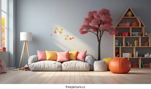A cozy living room with a sofa, a tree, and a bookshelf