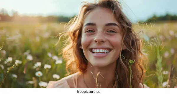 Smiling Woman in a Field of Flowers