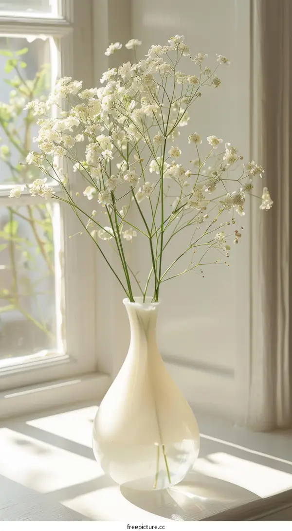 A small vase of white flowers sits on a white window sill.